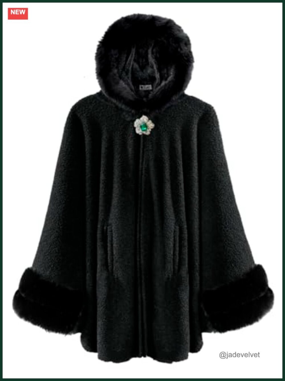 Luxurious Faux Fur Trim Hooded Cape Coat Poncho Fleece Lined Winter
